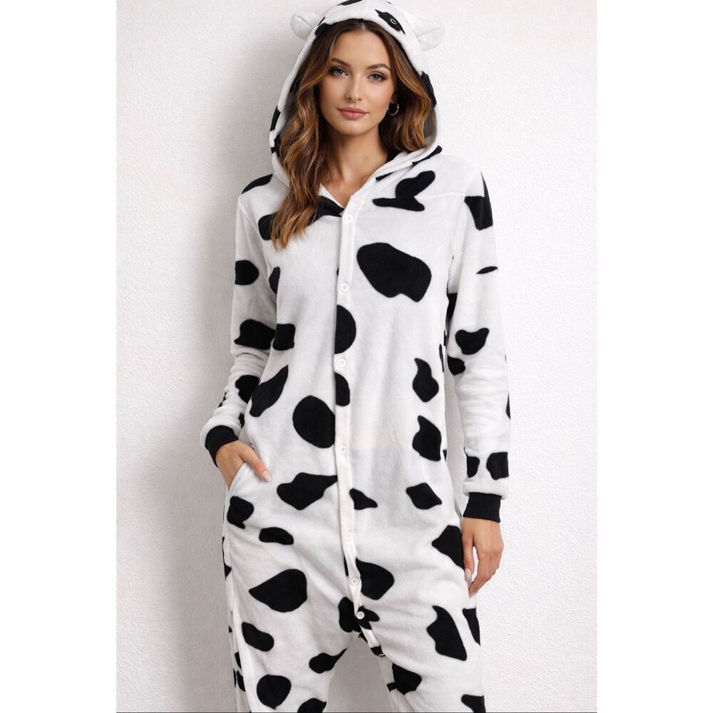 Rare Funziez! Cow Print Fleece Onesie Pajama Hood Soft Cozy Lounge Wear Size M